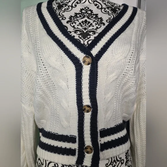 NWT: White and Navy Cardigan Sweater Medium - Picture 2 of 5